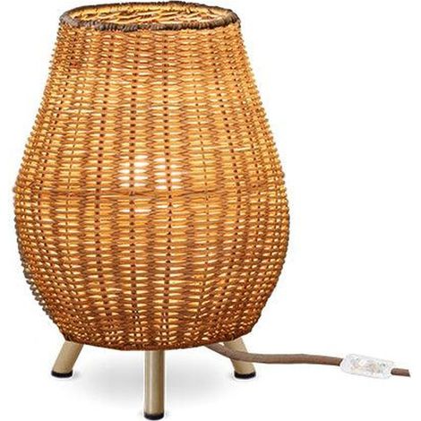 Tischleuchte Rattan Ø 22,5 cm H: 32,5 cm Dreibein Natur E27 Kabel Schalter Modern Nachttischlampe Beistelllampe (1/5)