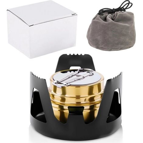 Rechaud Alcool Mini Réchaud à alcool Portable Brûleur à Alcool Laiton Cuisinière alcools et Support en Aluminium Réchauds camping pour Randonnée Cuisson Fondue Pique Nique (Noir) (1/5)