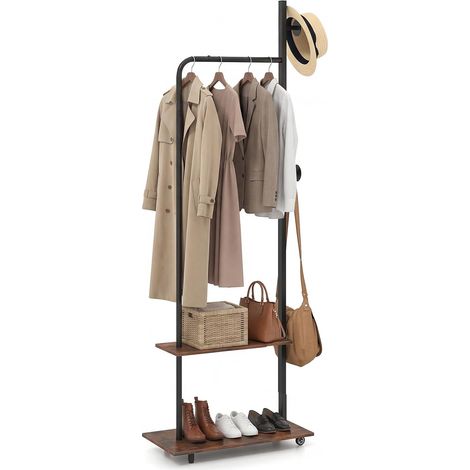 COSTWAY Appendiabiti da Terra,2 Ganci e 2 Ripiani,Porta Abiti in Legno con Ruote,60 x 30 x 175 cm (1/5)