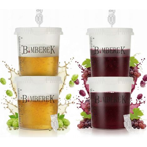 Juego de 4 recipientes de fermentación de 33 l con un tubo, un cubo y una damajuana de vino incoloro. (1/5)