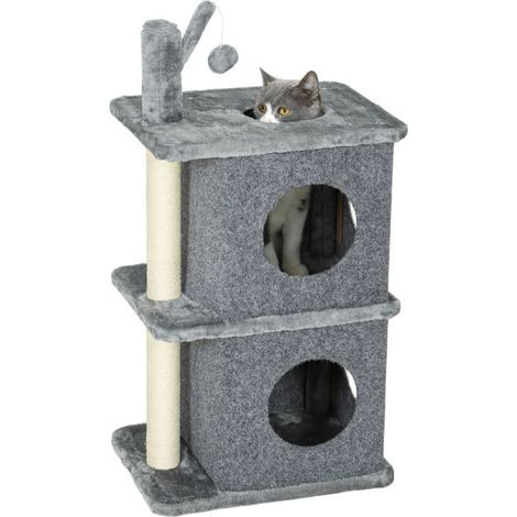 3-level cat tree, cat tower with 2 hideaways and comfortable resting surface, ball, 43 x 33 x 80 cm, dark grey (1/5)