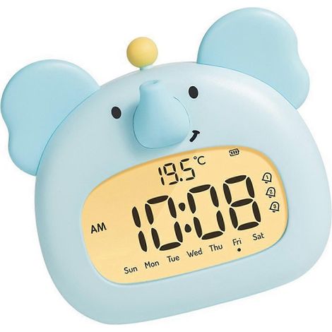 Réveil numérique coloré en forme d'animal de dessin animé, idéal pour les chambres d'enfants, rechargeable par USB, 5 mélodies, 3 alarmes, avec veilleuse, éléphant multicolore. (1/5)
