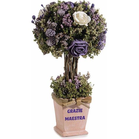 Petit arbre centre de table en pot avec roses, fleurs artificielles et nœud, inscription grazie maestra, lot de 2, diam. 15 x H. 29 cm