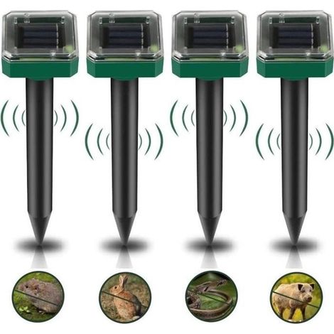Set aus 4 Ultraschall-Solar-Abwehrgeräten gegen Maulwürfe, Mäuse, Wühlmäuse und Schlangen - Für den Außenbereich im Garten