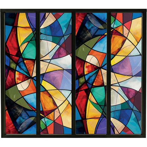 Verrière atelier intérieure aluminium noir 4 vitrages 135 x 117 cm - Décor géométrique - Virtuoso - multicolore et transparent - Verre trempé (1/5)