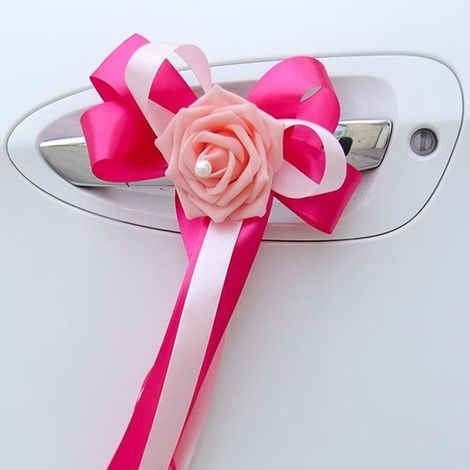 (Rose)Lot de 6 nœuds ruban satin à double couleur avec fleur décorée d'une perle nacrée - décoration tulle voiture de mariés mariage Rose