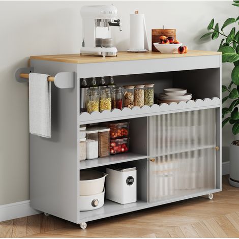 Isla de cocina plegable con ruedas, 122 x 46 (69) x 91 cm, MDF gris, puertas de vidrio templado (1/5)