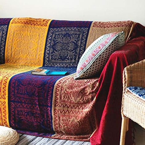 Grand jeté pour canapés en chenille jacquard avec pompons pour lit, chaise 2 ou 3 places, rouge - Taille L : 220 x 260 cm (1/5)