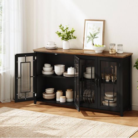 Buffet de cuisine 160 cm avec portes en verre, rangement spacieux, plateau effet bois, noir OKWISH (1/5)