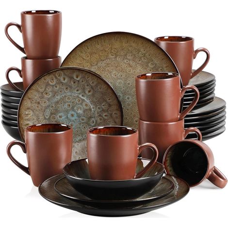 Tafelservice Steinzeug Kombiservice Tassen Braun 8 Pers. 32 Teile Set (1/5)