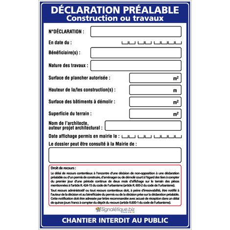 Signaletique.Biz France – Panneau déclaration préalable de travaux 80x120cm – Résistant aux intempéries – Marqueur noir inclus – Affichage obligatoire