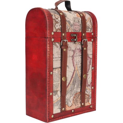 Coffret à vin ancien avec couvercle et poignée, motif carte vintage, pouvant contenir 2 bouteilles. Coffret à vin ancien pour la maison. (1/5)