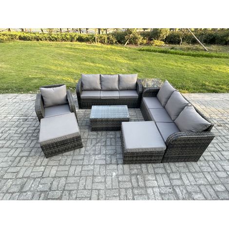 Fimous 9-Sitzer Rattan Lounge Sofa Set Gartenmöbel-Set mit Rechteckiger Couchtisch 3-Sitzer Sofa 2 hohen Hockern Beistelltisch Dunkelgrau Gemischt (1/5)