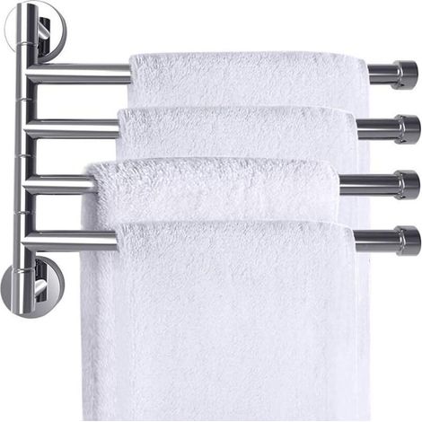 Porte-serviettes mural 4 bras en acier inoxydable, support pivotant à 180°, barre chromée pour serviettes de salle de bain (1/5)