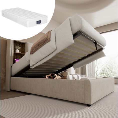 Lit simple capitonné 90x200 cm en lin naturel avec tête de lit USB-C, charge sans fil, coffre et matelas (1/5)