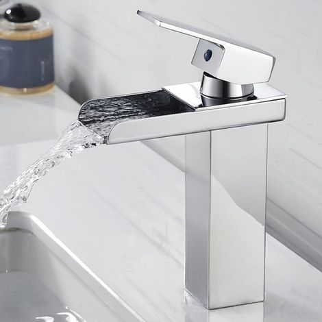 Robinet Salle Bain Chromé Mitigeur Lavabo en Laiton Moderne Carré Robinet Lavabo Bec Large Mitigeur Salle de Bain Robinet Lave Main Argent (1/5)