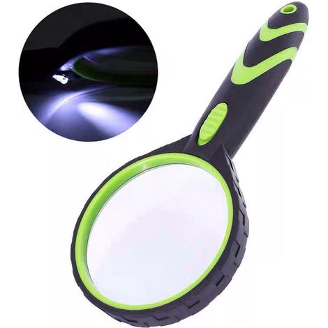 Loupe lumineuse 10x pour enfants, 75mm manuelle avec poignée caoutchouc antidérapante, légère et haute clarté, idéale lecture, seniors, bijoutiers, livres, insectes, verte (1/5)