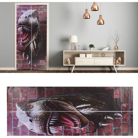 Lot de 2 stickers muraux dinosaures 3D créatifs pour porte, décoration intérieure, dos autocollant, texturés, finition givrée, 38,5 x 200 cm (1/5)