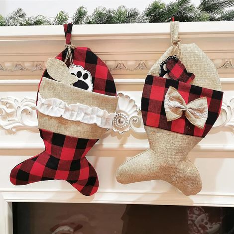 Lot de 2 bas de Noël en toile de jute en forme de poisson, à suspendre près de la cheminée (1/5)