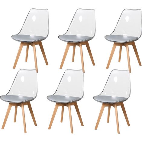 Wokaka Set di 6 Sedie da Pranzo - Stile Scandinavo - Gambe in Legno Massello - Sedie Trasparenti - Grigio