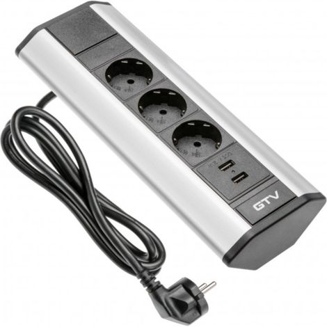 GTV Tischsteckdose 3x Schuko, 2x USB 2,1A 5V Silber