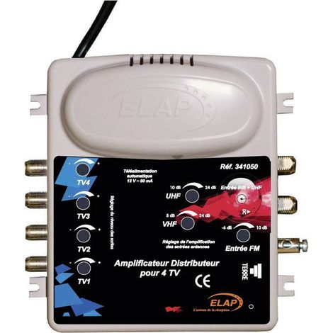 Amplificateur distributeur TV et FM - ELAP - 2 entrées/4 sorties - Noir - Professionnel (1/2)