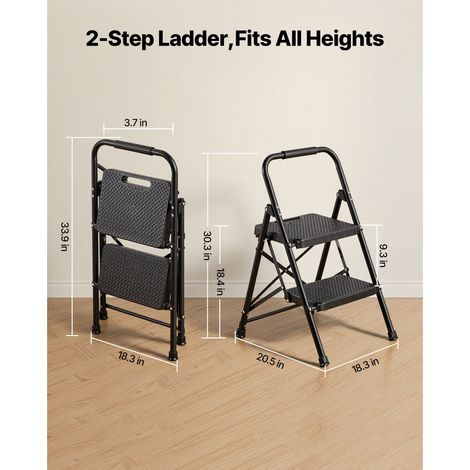 Escabeau pliant 2 marches en acier, tabouret avec marche antidérapante large et poignée confort, 272 kg portée, transportable pour cuisine, maison, bureau, noir (1/5)