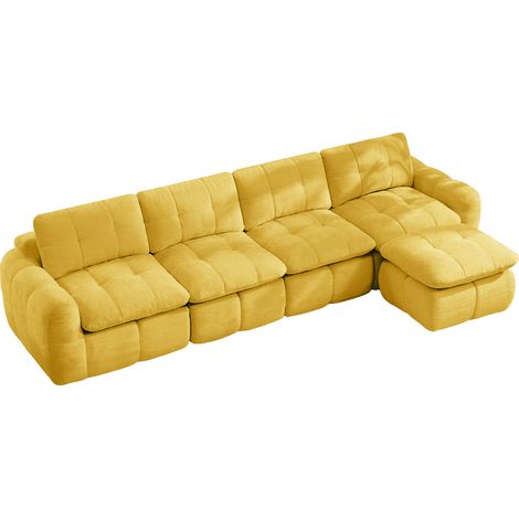 Canapé d’angle modulable 4 places en chenille jaune, canapé avec pouf repose-pieds, assise large et profonde, salon (1/5)