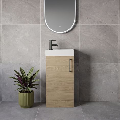 Napoli Cube Light Oak 400mm Single Door Vanity Unit with Align Basin - 400mm - Gunmetal Grey 160mm Handle