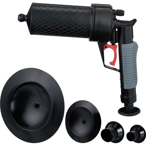 Relaxdays Pistola Sturalavandini ad Aria Compresa, Stura Lavandini e Scarichi, 4 Inserti, Pompa Sturatubi e Water, Nero