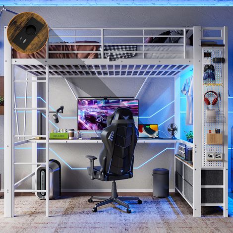 Lit mezzanine 90 x 200 cm, en fer, avec bureau, tringle à linge, étagères, tiroirs, prises USB + Type-C, bande LED,blanc (1/5)