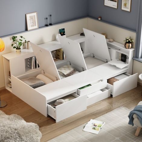 Letto per bambini, 90200 cm, letto singolo, letto multifunzionale per bambini con cassetti, libreria e armadietto contenitore, letto contenitore con spazio di archiviazione, senza materasso, bianco (1/5)