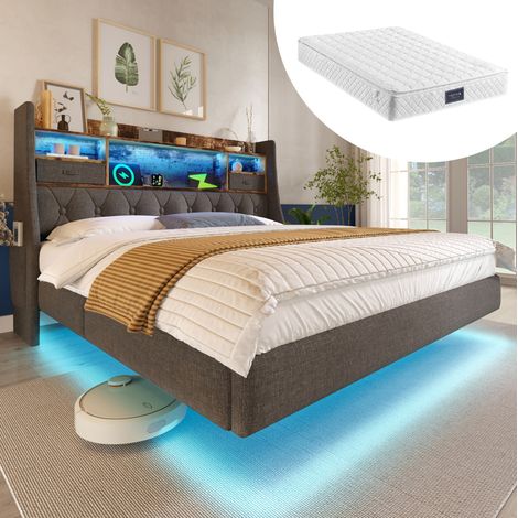 MEUBLIV Lit 140x200 cm gris - LED, tête de lit avec rangement, avec matelas (1/5)