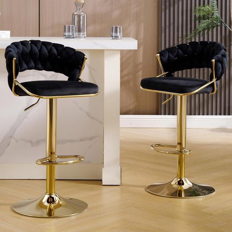 Barhocker 2er-Set Samt höhenverstellbar 360° drehbar mit geflochtener Rückenlehne Schwarz (1/5)