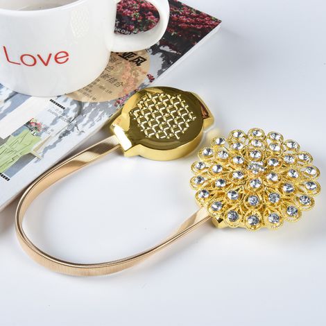 JSSEVN - Curtain Tiebacks with Magnetic Buckle [Set of 2, Gold Color, 6.5521cm], Elastic Curtain Loops, Crystal Flower Clips, with Spring Wire, No Drilling Required, Home Office Decoration - Silver (1/5)