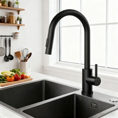 Ocean Sanitaire – Robinet de cuisine mitigeur 360° rotatif avec douchette extensible 40 cm – Acier inoxydable noir mat – Double débit pour nettoyage efficace (1/5)