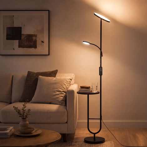 Lampadaire LED avec table, 36W + 7W dimmable avec télécommande, tête orientable, 2700K–6500K, lampe sur pied moderne noire pour salon, séjour et bureau MF18 (1/5)