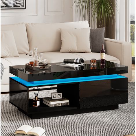 Table basse en panneaux de particules noir brillant avec LED et tiroir, 100 x 50 x 40,3 cm (1/5)