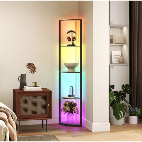 Lámpara de pie LED RGB de 5 niveles con estante, mando a distancia, negro OKMYHOME (1/5)