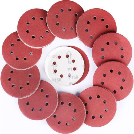 100 discos abrasivos redondos, grano 150, 125 mm, discos de lijado de 8 orificios en varios tamaños, papel de lija para lijadoras orbitales aleatorias (1/5)