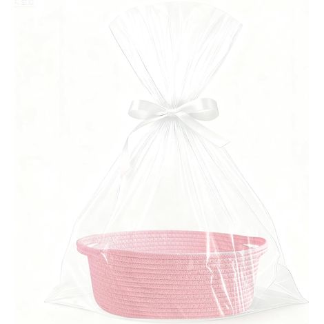 Cesta de regalo vacía tejida con cintas, color rosa, para rellenar en ocasiones especiales como Pascua o bodas. (1/4)
