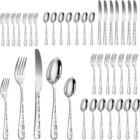 DECDEAL 40pcs Edelstahl Silberwaren Set Spiegelpoliertes Besteck Wohnung 8 Messer Gabeln Löffel Teelöffel mit wunderschönem Blumenmuster für Küchenrestaurants Party
