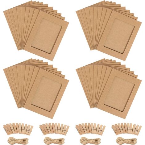 Guirlande Photo 40 Pièces Cadres Photo en Papier Petit Cadre Photo 10x15 cm Pele Mele Photo Mural avec 40 Pinces en Bois 4 Cordes Cadre Photo Carton pour Décoration Murale (Papier Kraft) (1/5)