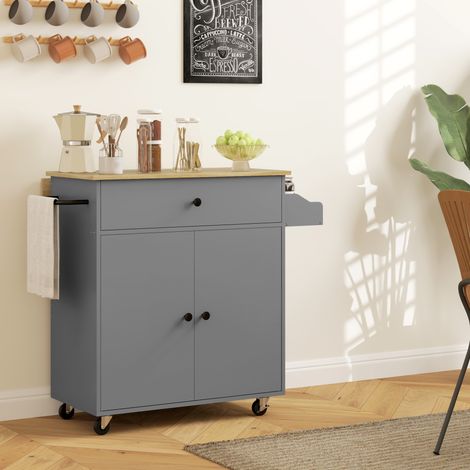 Carrito de cocina con ruedas, isla de cocina con cajón, estante ajustable, especiero y toallero, gris.