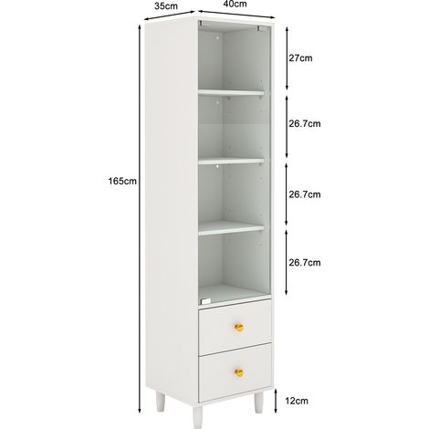Vitrine LED blanc H165 L40 P35 cm, bibliothèque portes vitrées 2 tiroirs, poignées dorées