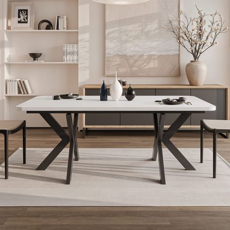Table à Manger Extensible DANTON - 8-10 personnes - Style Industriel - 200x100x76 cm - Noir/Blanc (1/5)