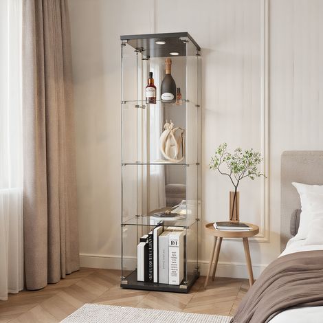 Glasvitrine Standvitrine mit LED, Glas Vitrine mit 4 Ablagen für Sammlerstücke, Vitrinenschrank 1 Tür und Schloss, für Wohnzimmer, Schlafzimmer und Büro, Schwarz (1/5)