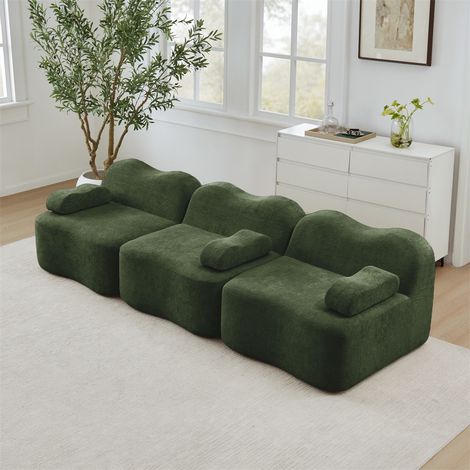 Canapé Modulaire 3 Places 288x98cm Design Vague Boneless en Velours Doux Haute Densité 32D - Vert Forêt Sophistiqué (1/5)