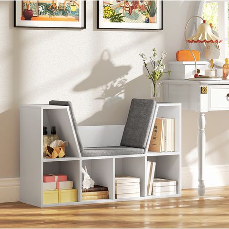 Bibliothèque avec coussin d’assise, 6 compartiments, 105 x 30 x 63 cm, blanc DESVIAE (1/5)