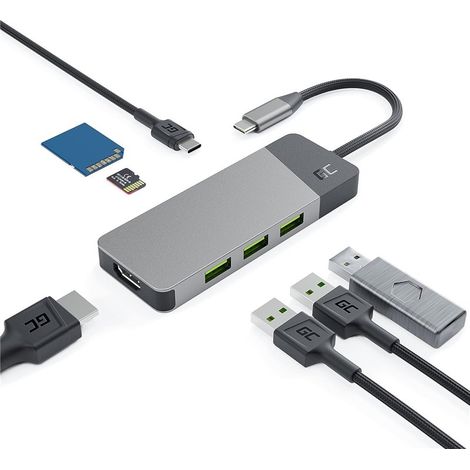 Green Cell Hub Usb-C Adapter Gc Connect 7W1 (3Xusb 3.1, Hdmi 4K 60Hz, Usb-C Pd 85W, Microsd/Sd) (1/5)